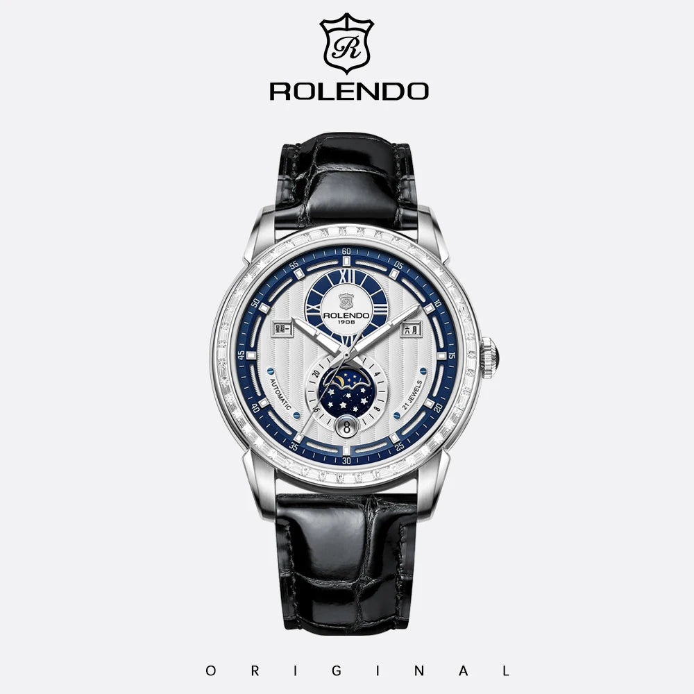 ROLENDO 1908 Men Automatic Mechanical Watch Diamond Luminous Leather Strap Waterproof Business Luxury Wristwatch For Male Gift