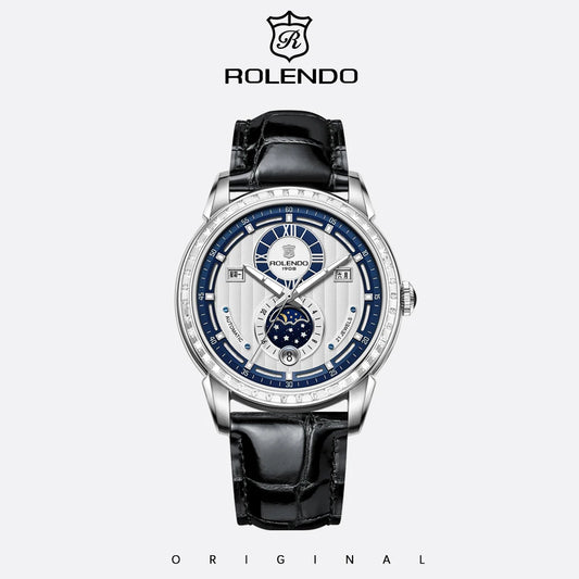 ROLENDO 1908 Men Automatic Mechanical Watch Diamond Luminous Leather Strap Waterproof Business Luxury Wristwatch For Male Gift