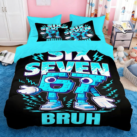 Set de lenjerie de pat Cartoon Print Six Seven 67, 2/3 piese, husă de pilotă și față de pernă pentru acasă, adolescenți și adulți, cadou pentru băieți și fete