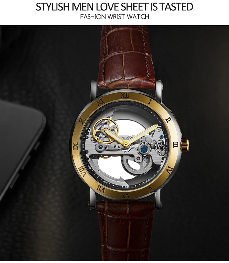 Watch Men Automatic Watch Luxury Watch Man Mechanical Wristwatch Skeleton Design Waterproof Leather Strap Male Watch Reloj Hombr
