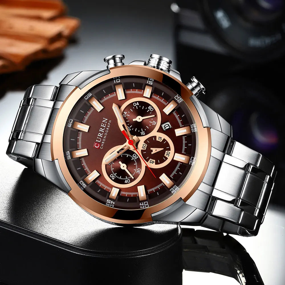Relógio cronógrafo para homem CURREN, mostrador grande de 48 mm, bracelete em aço inoxidável, três submostradores, relógio de pulso desportivo de quartzo, estilo luxuoso