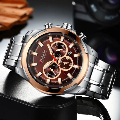 Relógio cronógrafo para homem CURREN, mostrador grande de 48 mm, bracelete em aço inoxidável, três submostradores, relógio de pulso desportivo de quartzo, estilo luxuoso