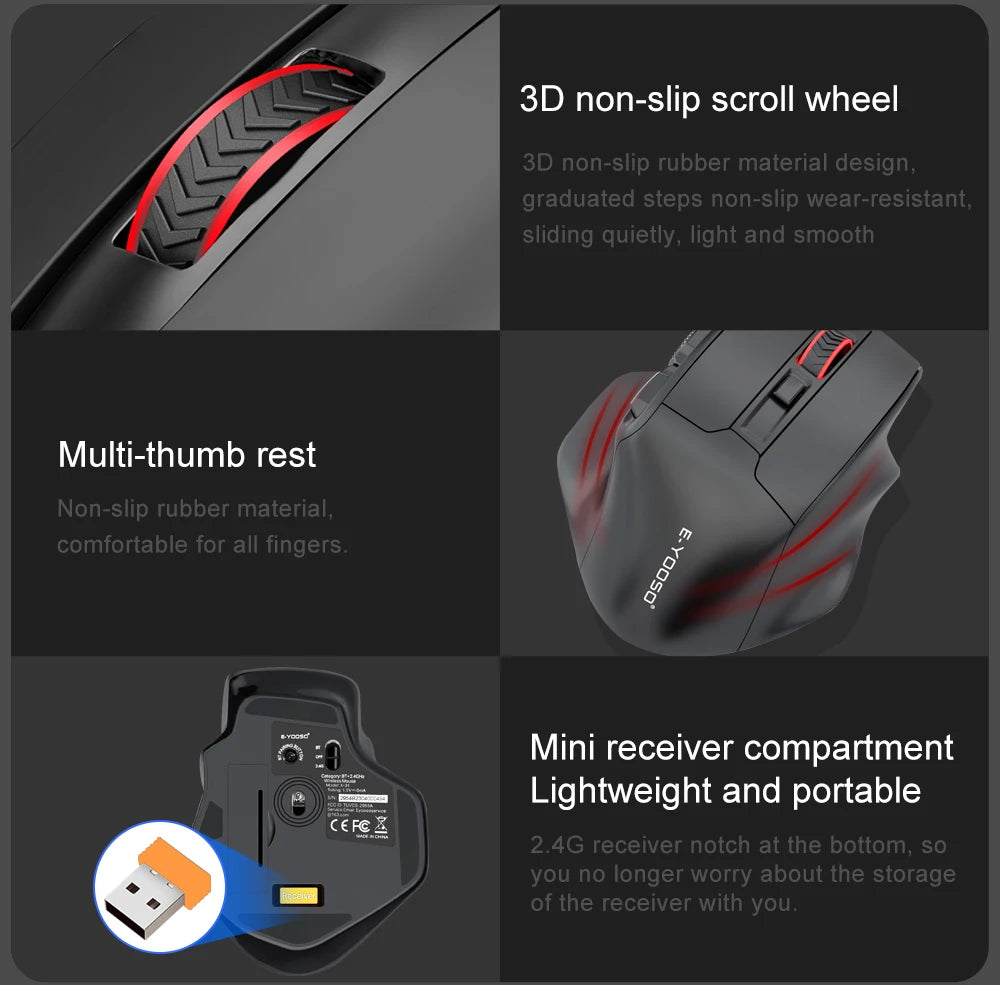 E-YOOSO X-31 Pro USB herní velká myš s podporou Bluetooth 2.4G, bezdrátová, PAW3212, 4800 DPI, pro hráče, počítač, notebook a PC