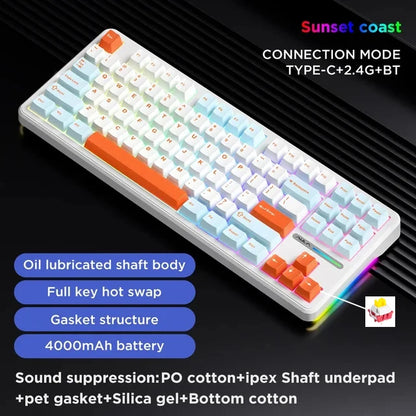 Teclado Mecânico AULA F87 Pro 2.4g/USB/Bluetooth sem fios trimodo, 87 teclas, RGB, PBT, estrutura gasket, 5 camadas de isolamento acústico, teclas completas sem impacto