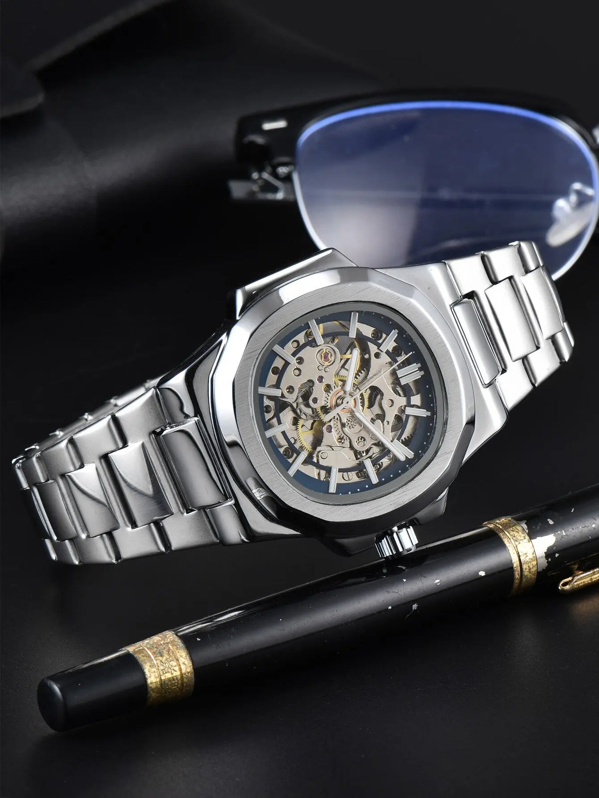 LONGLUX HOT SALE automatic mechanical men watch wholesale no logo waterproof skeleton business  stainless steel gift watch