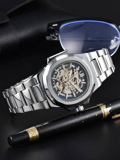 LONGLUX HOT SALE automatic mechanical men watch wholesale no logo waterproof skeleton business  stainless steel gift watch