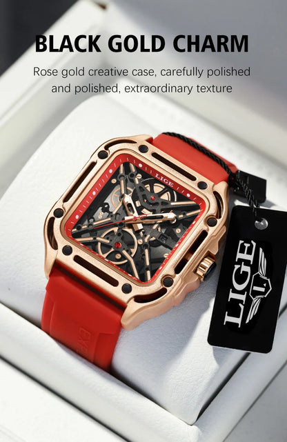 LIGE New Fashion Men Watches Luxury Large Dial Square Design Quartz Watch Casual Silicone Band Men's Sports Watches Reloj Hombre