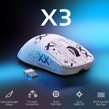 ATTACK SHARK X3 lehká bezdrátová herní myš, 49g, tři režimy připojení, snímač PAW3395 s 26K DPI, výdrž baterie 200h, 5 programovatelných tlačítek