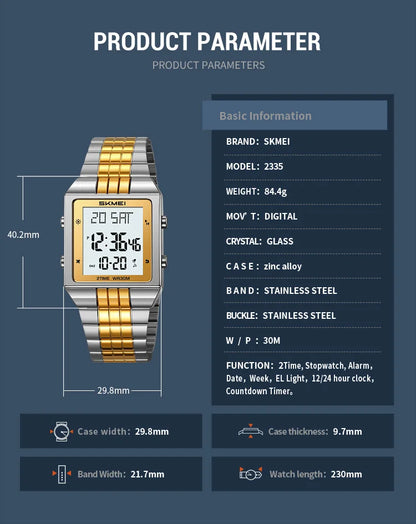 Skmei Luxury Digital Watches for Mens LED Waterproof Date Week Display Chronograph Fashion Dual Time Zones Bracelet Steel Watch