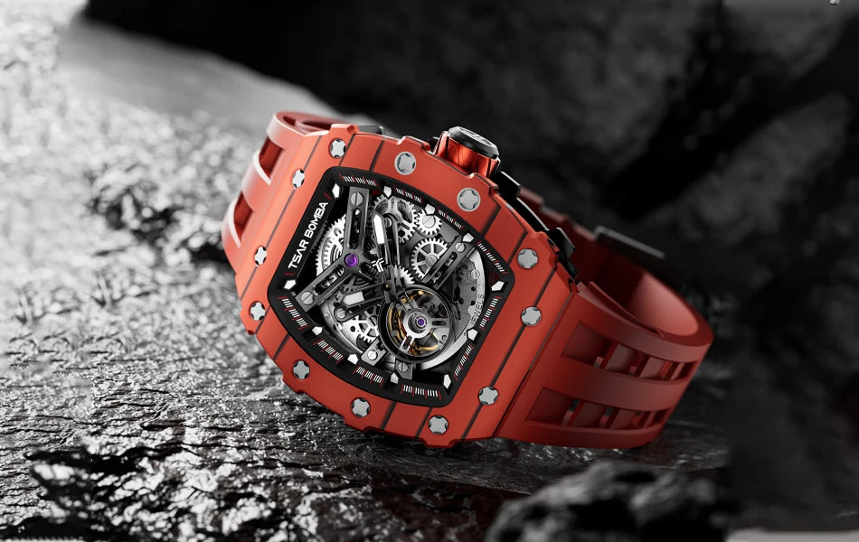 TSAR BOMBA Carbon Fiber Automatic Mechanical Watch for Men Waterproof Skeleton Mens Watches Top Brand Luxury Wristwatches