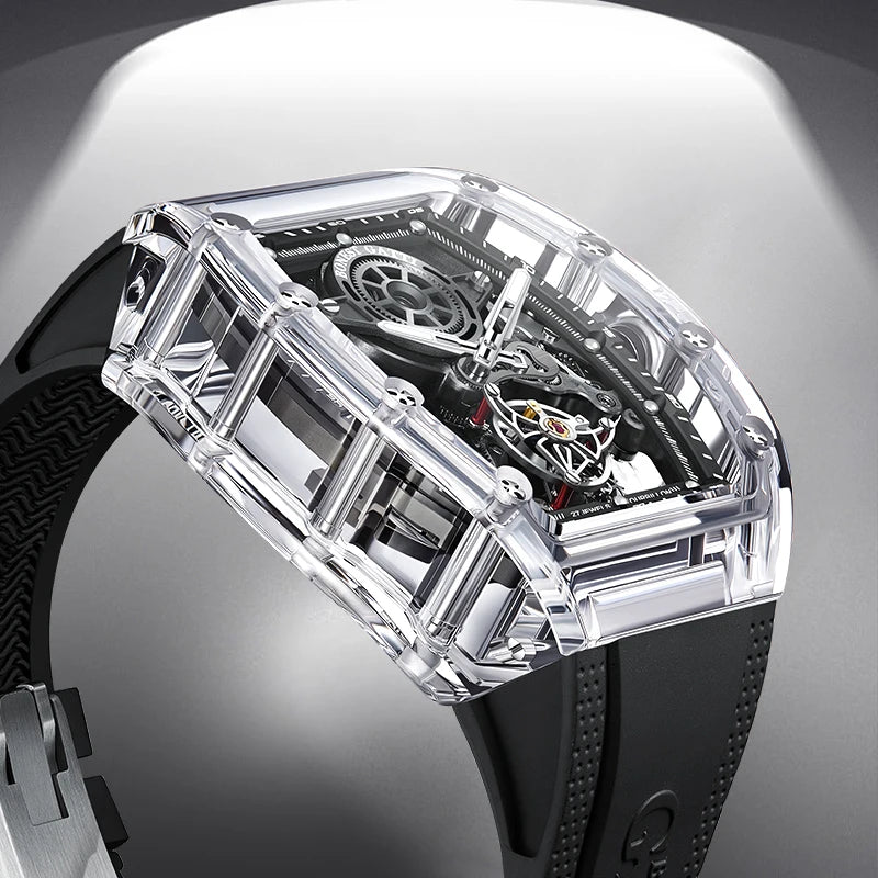 BONEST GATTI Automatic Movement Tourbillon Mechanical Wristwatch Crystal Case Luminous Watch Fluororubber Strap Watches for Men