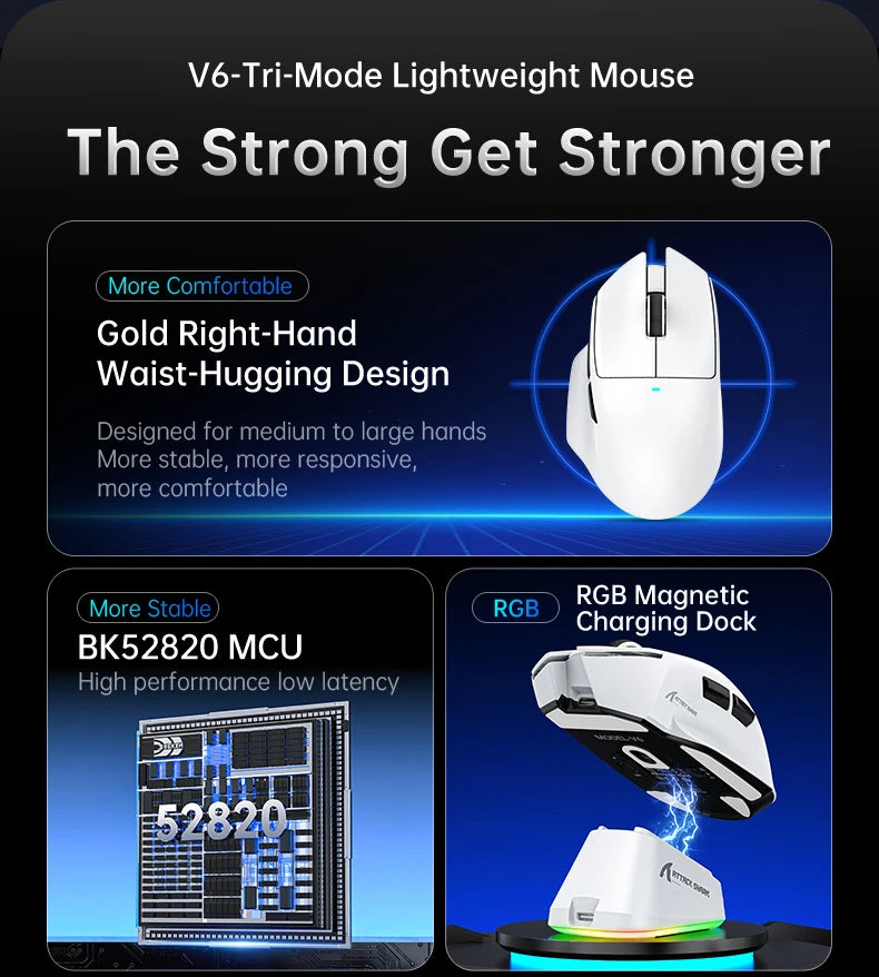 ATTACK SHARK V6  Wireless Gaming Superlight Mouse with RGB Magnetic Charging Dock,PAW3311 Sensor,Macro Gaming Mouse