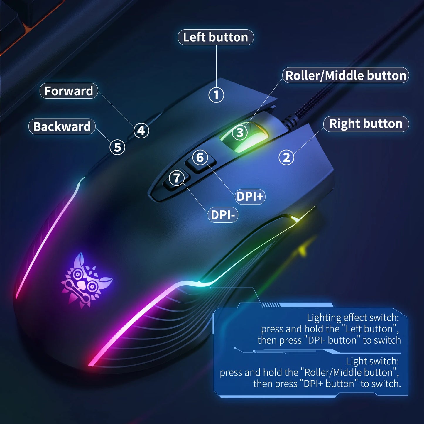 ONIKUMA langallinen pelihiiri, 6 säädettävää tasoa, 6400 DPI, 7 ohjelmoitavaa painiketta, 7 RGB-valaistustilaa, ergonominen hiiri PC-pelaajalle