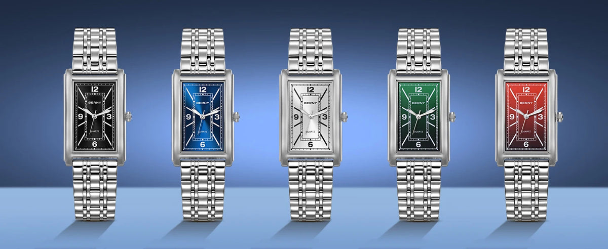 Montre carrée pour homme BERNY – Mouvement à quartz, cadran à chiffres romains, affichage luminescent, boîtier en acier inoxydable 316L – Montre rectangulaire élégante et décontractée