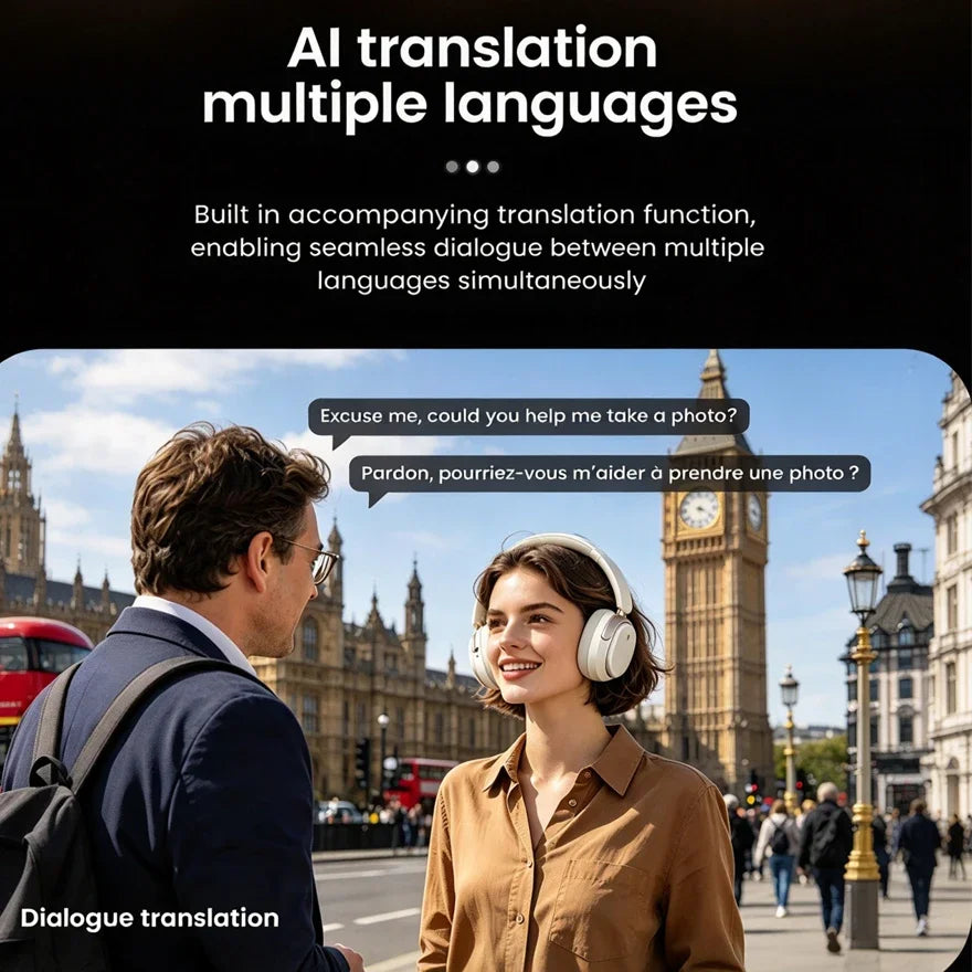 Casque audio supra-auriculaire intelligent avec caméra HD 8MP, reconnaissance d'objets par IA, traduction par IA, casque Bluetooth pour les voyages et les études