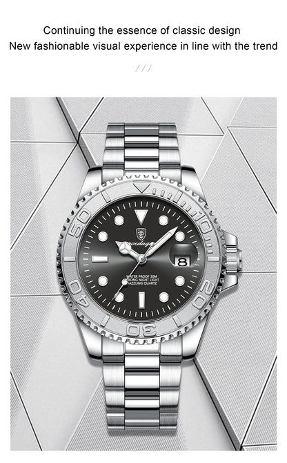 POEDAGAR Luxury Men's Watch Stainless Steel Date Quartz Fashion Watches For Man Waterproof Luminous Business Male Watch+Box Gift