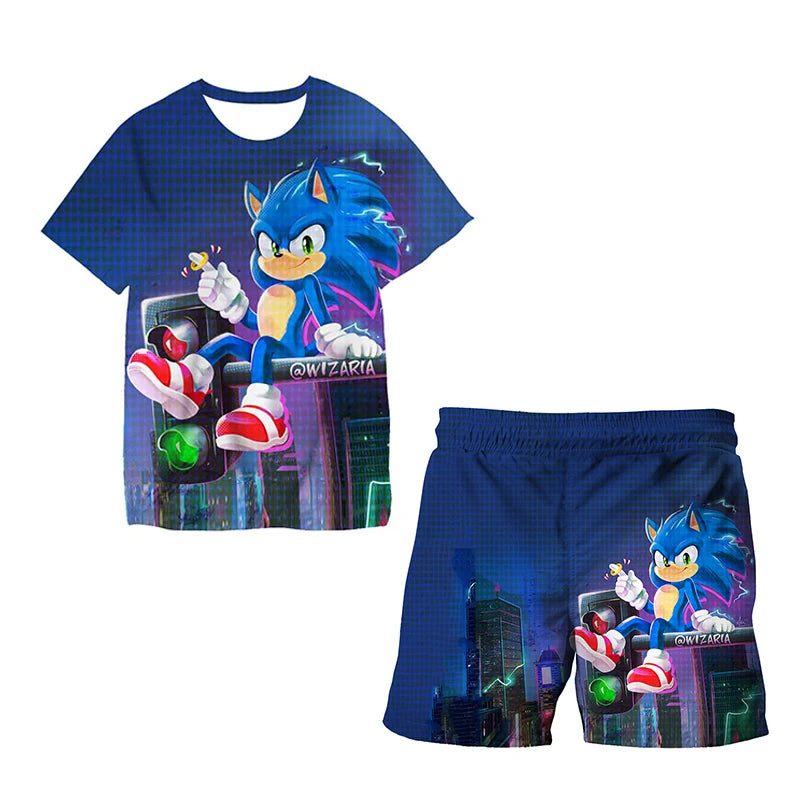 2026 Sonic The Hedgehog 3D T-shirt Set for Boys and Girls: Cute Summer Top + Shorts - Children's Short-Sleeve Birthday Gift