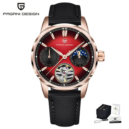 PAGANI DESIGN – Montre mécanique de luxe pour homme, 41 mm, verre saphir, bracelet en cuir, étanche, style pilote, avec tourbillon et phase de lune