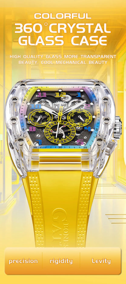 BONEST GATTI Automatic Watch Tonneau Mechanical Wristwatch K9 Crystal Case Rubber Strap Multi Dial Watches For Men