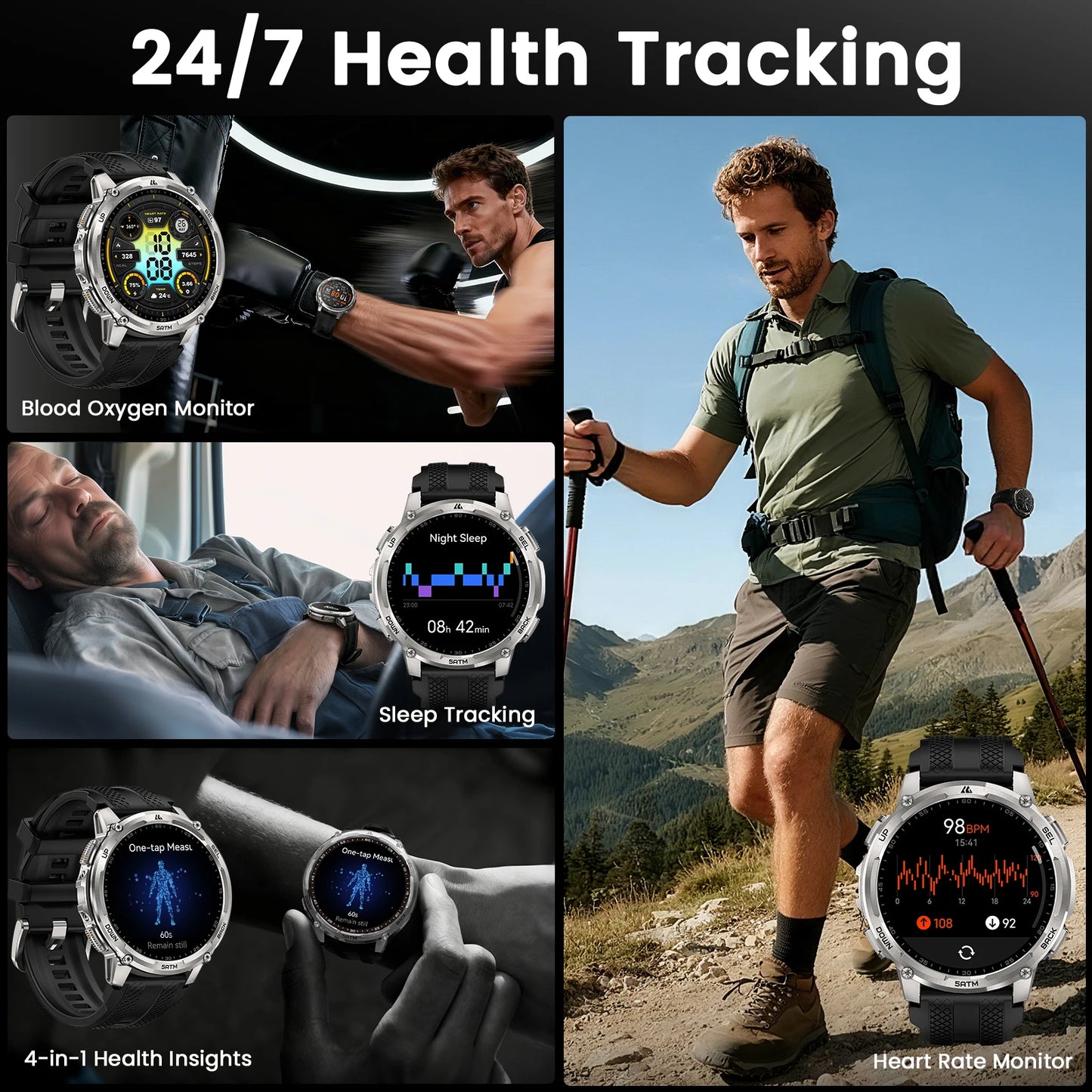 KOSPET TANK T4C Smartwatch Men's Outdoor GPS Watch with Bright LED Flashlight 5ATM Water-Resistant for Swimming Military Tough