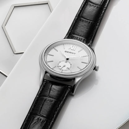 BERNY Men's Watches Slim Luxury Classic Stylish Dress Quartz Watch Fashion Elegance Leather Band Wristwatch