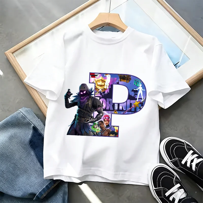 Tricou Fortnite cu imprimeu alfabet A-Z, de vară, pentru copii, alb, îmbrăcăminte cu joc cartoon popular, tricou fashion casual cu mânecă scurtă, cadou