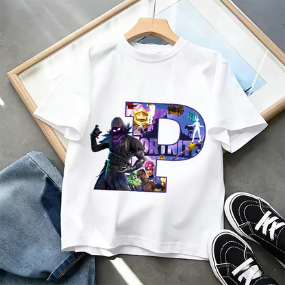 Tricou Fortnite cu imprimeu alfabet A-Z, de vară, pentru copii, alb, îmbrăcăminte cu joc cartoon popular, tricou fashion casual cu mânecă scurtă, cadou