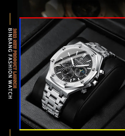 BINBOND 0161 Brand Man Quartz Watch Luxury Luminous Chronograph Wristwatch Stainless Steel Waterproof Men Date Calendar Clock
