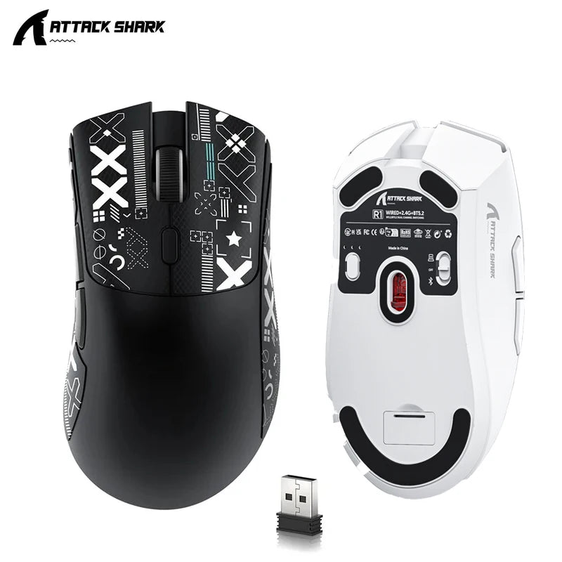 Mouse de gaming wireless Attack Shark R1 Lightweight Bluetooth 2.4G, PAW3311, 18000DPI, ergonomic, cu macrocomenzi