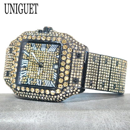 Green Diamond Watch For Men Brand UNIGUET Fashion Roman Literal Quartz Clock Man Hip Hop Iced Jewelry Square Wristwatch 2025 New