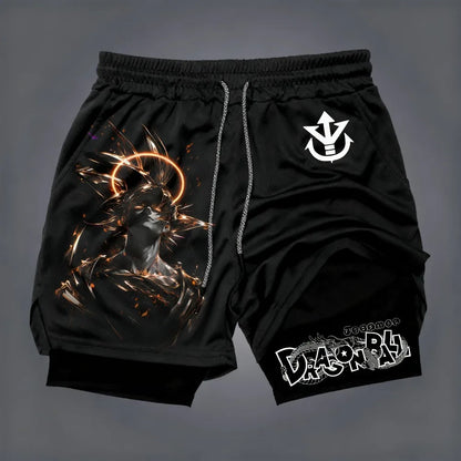 Dragon Ball Men's Double-layer Shorts Son Goku Summer Japanese Anime Fake Two-piece Sports Fitness Quick-drying Shorts, produit gaming premium Fraquane