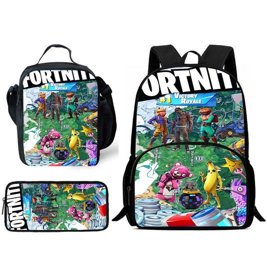 Mochilas Infantis com Design de Jogo Popular, Saco de Almoço e Estojo, Mochilas Escolares de Grande Capacidade para Alunos, Rapaz e Rapariga, Melhor Presente F-FortniteS