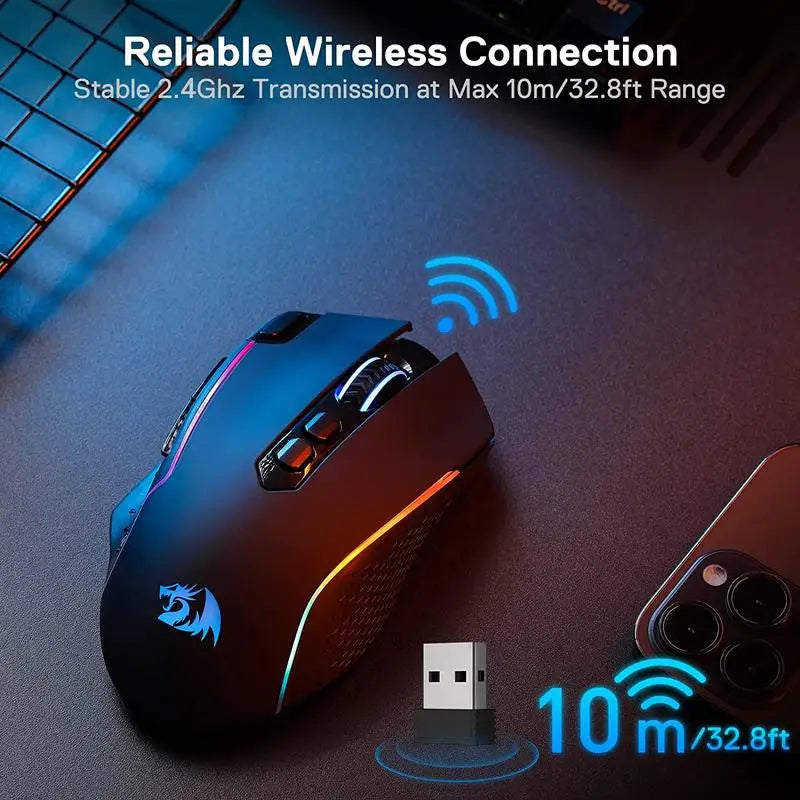Redragon M810 Pro Ασύρματο Gaming Ποντίκι, 10000 DPI Ενσύρματο Ποντίκι Gamer με Πλήκτρο Rapid Fire, 8 Κουμπιά Macro, Μαύρο/Λευκό Ποντίκι
