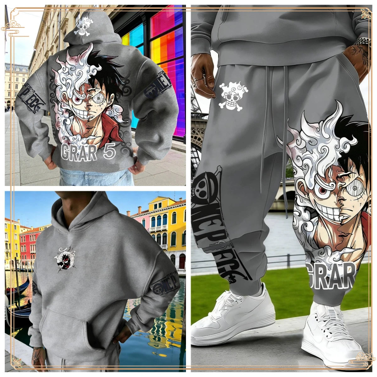 One Piece Luffy Gear 5 Hoodie Pants Set Red Cotton Tracksuit with Character Print on Hoodie Front Pant Side Loose Fit Two Piece