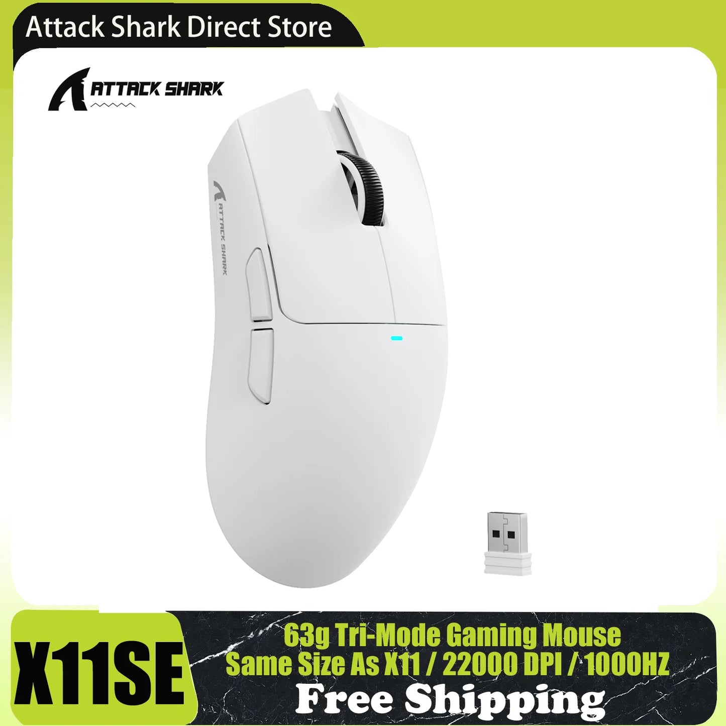 ATTACK SHARK X11SE langaton pelihiiri, kolmiyhteystilainen, 63g superkevyt PAW3311-anturilla, 22000 DPI, 300mAh akku, kaksoisohjain