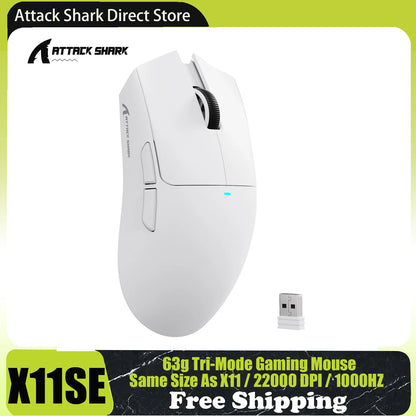ATTACK SHARK X11SE langaton pelihiiri, kolmiyhteystilainen, 63g superkevyt PAW3311-anturilla, 22000 DPI, 300mAh akku, kaksoisohjain