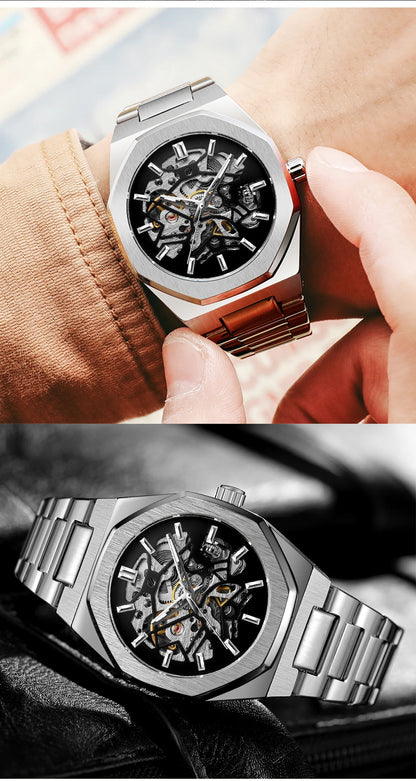 FORSINING 344D Top Brand Luxury Skeleton Automatic Mechanical Men's Watch Hollow Design Luminous Stainless Steel Strap Clock Men
