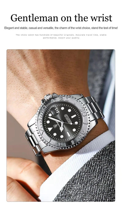 POEDAGAR Luxury Men's Watch Stainless Steel Date Quartz Fashion Watches For Man Waterproof Luminous Business Male Watch+Box Gift