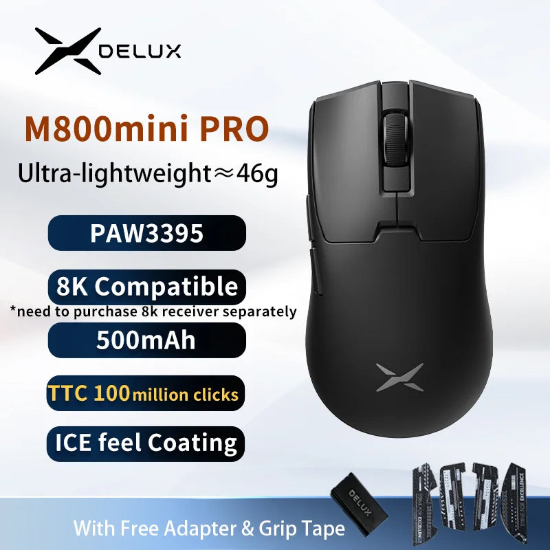 Delux M800mini vezeték nélküli gaming egér, 46g könnyű kivitel, PAW3395/PAW3311, 1KHz lekérdezési frekvencia kis és közepes kezű PC-játékosoknak