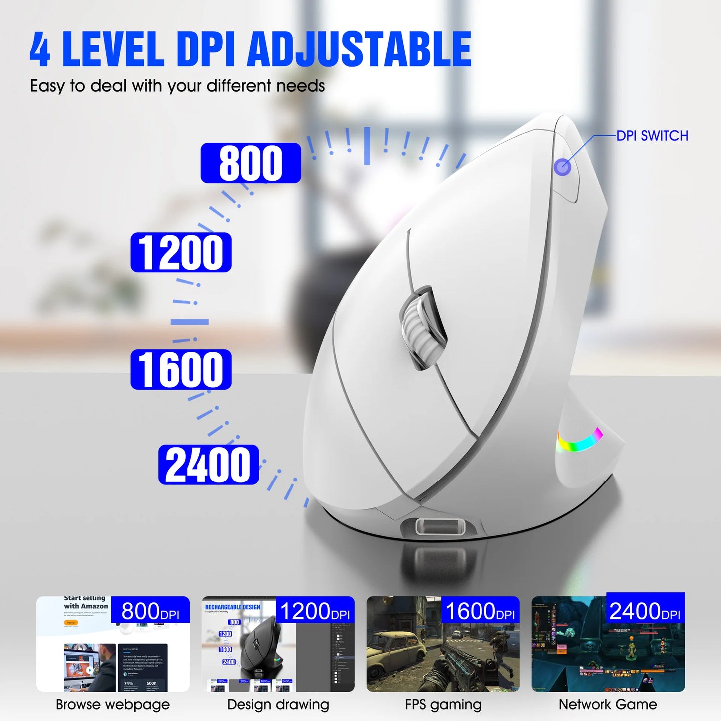 NY trådløs vertikal mus 2.4GHz med justerbar DPI, optisk håndledsvenlig gamingmus med bagbelysning til laptop, tablet, Mac og iPad