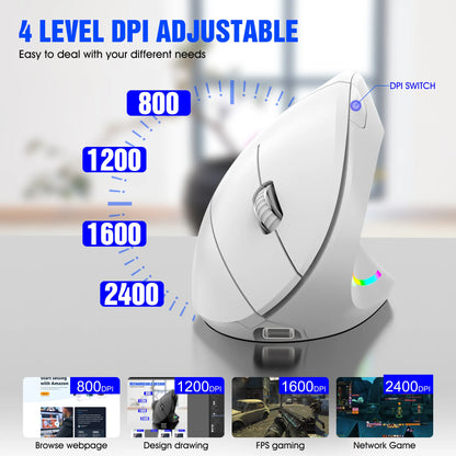 NY trådløs vertikal mus 2.4GHz med justerbar DPI, optisk håndledsvenlig gamingmus med bagbelysning til laptop, tablet, Mac og iPad