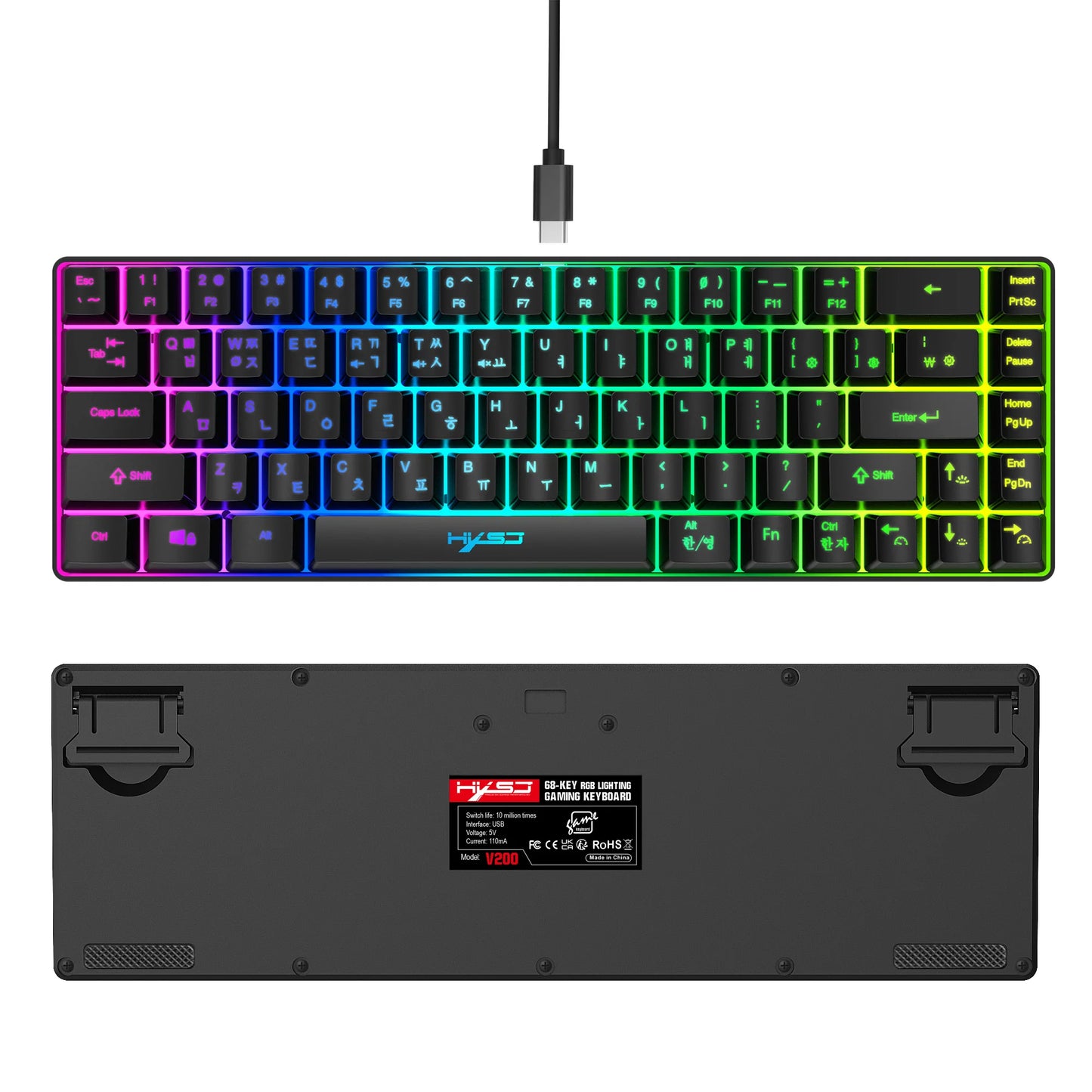 68 Keys Gaming Keyboard USB Wired Portable 20 RGB Backlight Korean Keyboard for Windows Laptops Computer