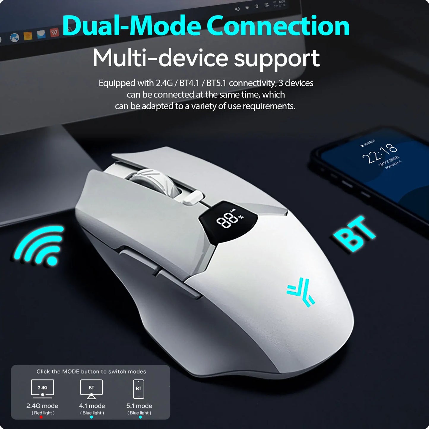 Trådløs Bluetooth-mus med digital batterivisning, lydløs ergonomisk mus til PC, bærbar computer og gaming, 2.4G/Bluetooth 5.0