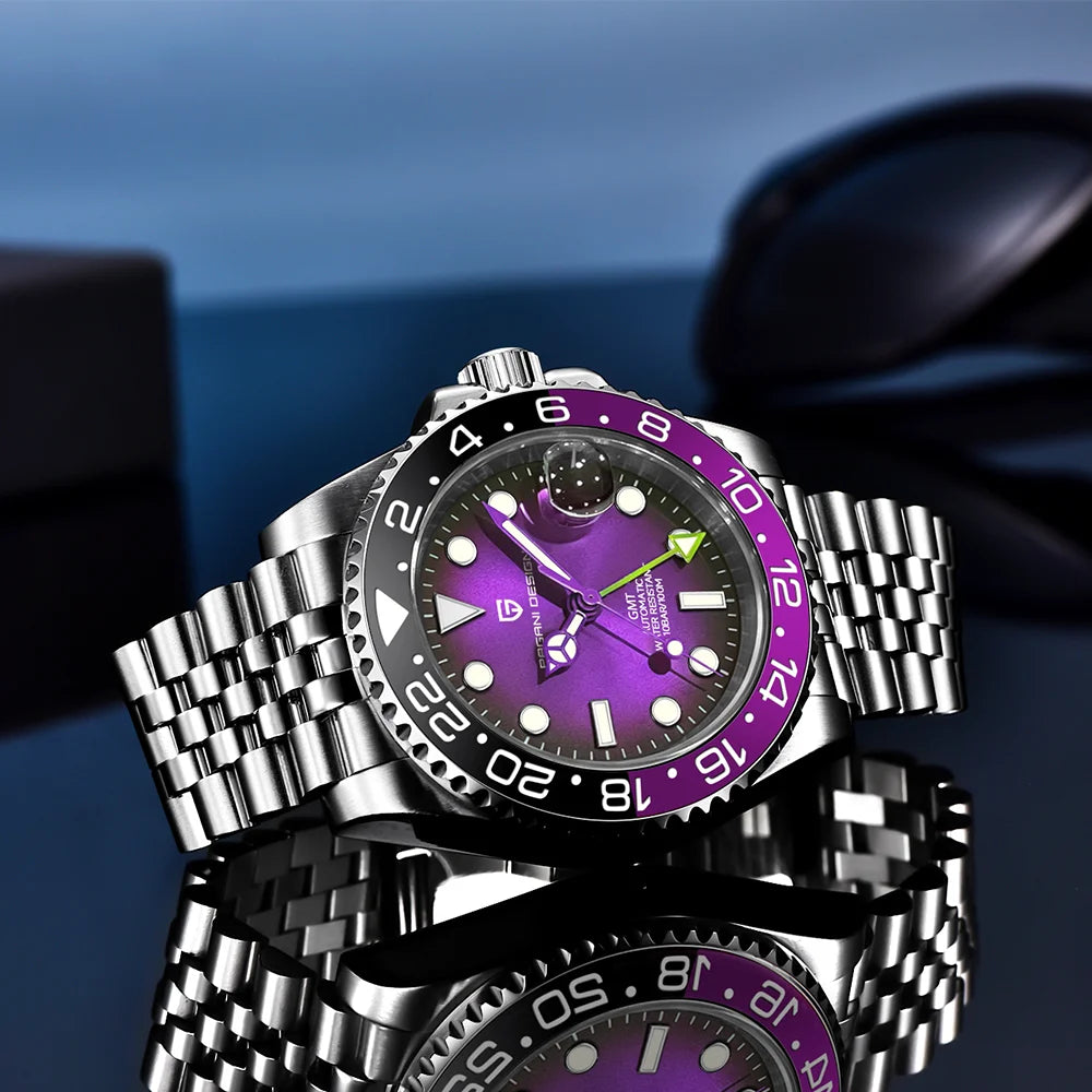 Relógio mecânico para homem Pagani Design GMT – Modelo de luxo com vidro de safira, caixa em aço inoxidável e luneta em cerâmica – Relógio automático para homem, estilo profissional