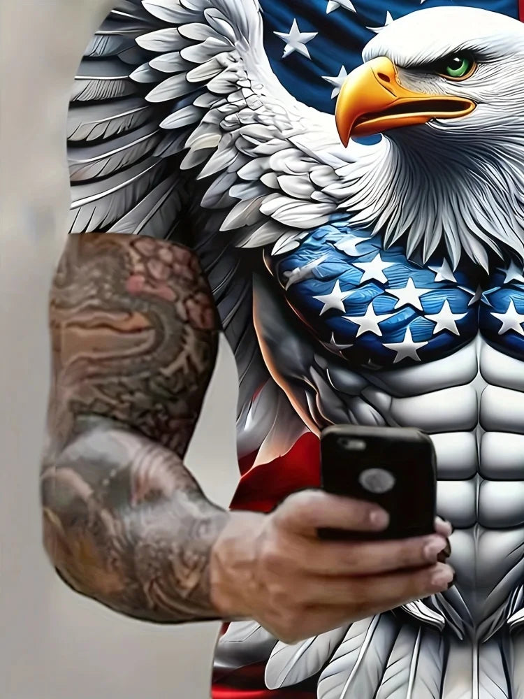 Vyriški patriotiniai marškinėliai su 3D erelio raštu, laisvalaikio, apvalia apykakle, trumpomis rankovėmis, vasarai, madingai aprangai ir lauko veikloms