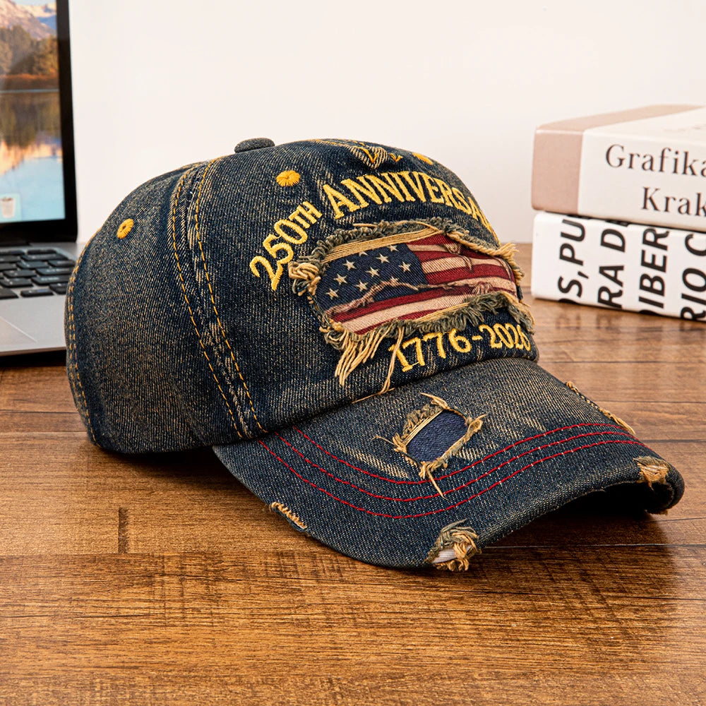 Vintage USA Flag 250th Anniversary 1776-2026 Distressed Denim Baseball Cap Adjustable Patriotic Dad Hat for Men Women