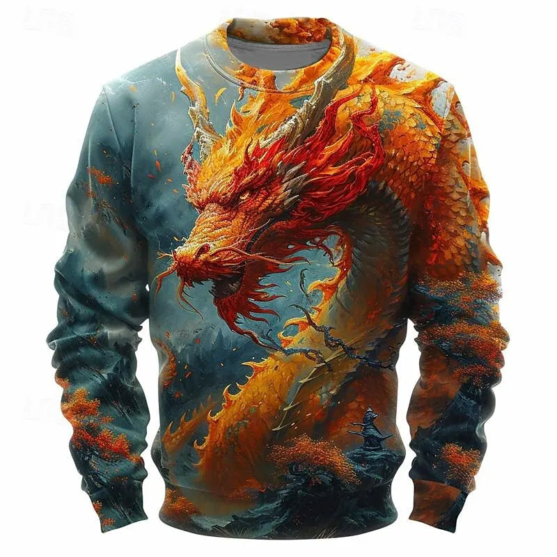 Sweatshirt til mænd med 3D-print af modedrage, traditionelt kulturelt element, vintage og stilfuld O-hals, løs pullover til efteråret