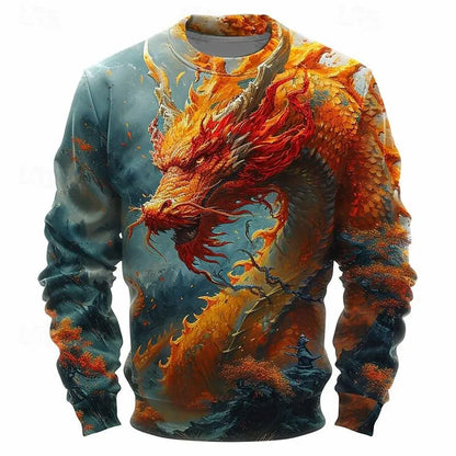 Sweatshirt til mænd med 3D-print af modedrage, traditionelt kulturelt element, vintage og stilfuld O-hals, løs pullover til efteråret