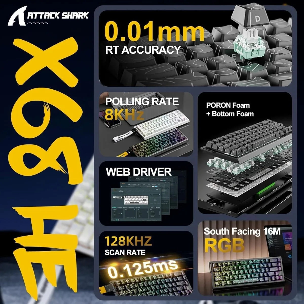 ATTACK SHARK X68 HE 8000Hz Rapid Trigger Keyboard 0.01mm RT Accuracy RGB Wired Gaming Keyboard with Magnetic Switch  for PC/Mac