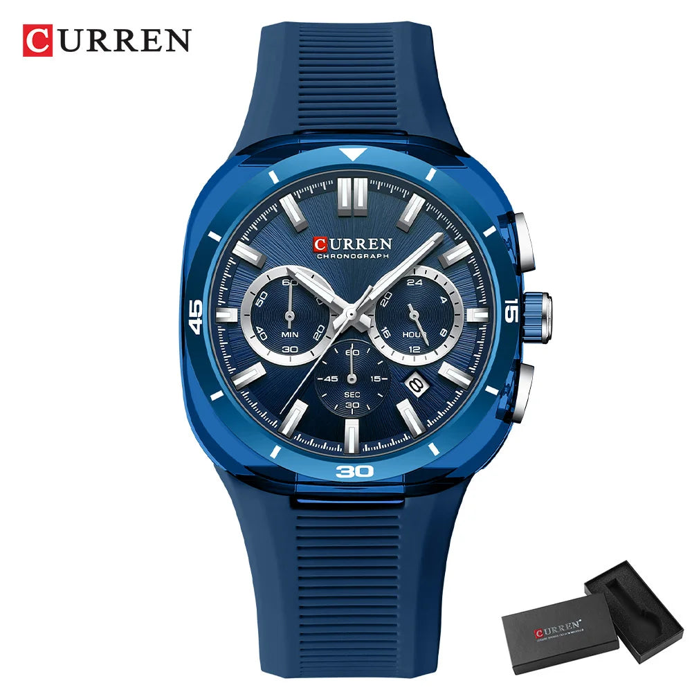 Relógio de homem CURREN – Novo modelo de luxo com movimento de quartzo, bracelete em silicone, estilo desportivo, multifunções, à prova de água, luminoso, com indicação da data e cronómetro.